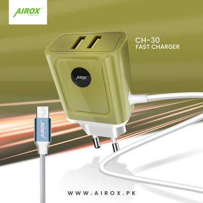 Airox CH30 Fast Charger - 2 USB Ports + 1 V8 Cable | Smart Output for Versatile Charging